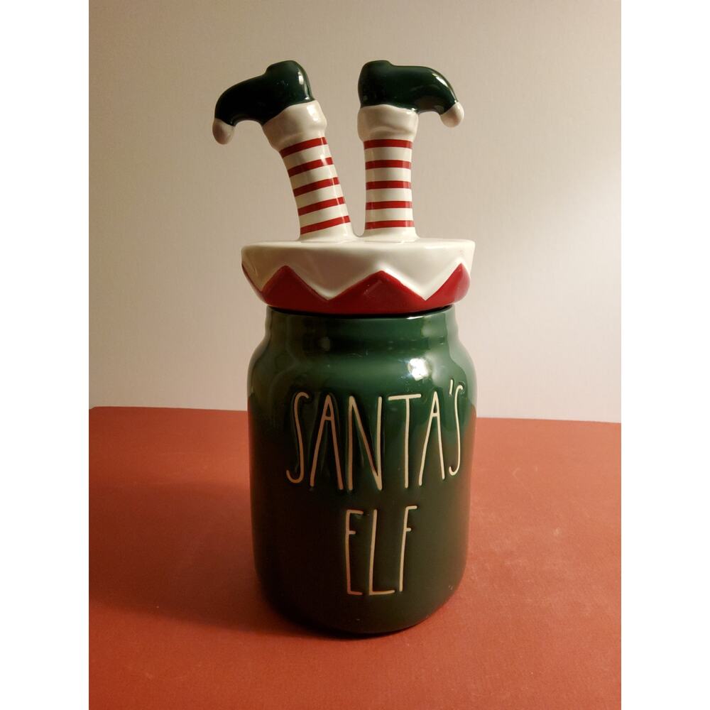 Rae Dunn "Santa's Elf" Canister (10") - Green with Elf Legs Lid